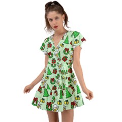 Colorful Funny Christmas Pattern Cartoon Flutter Sleeve Wrap Dress by Vaneshart