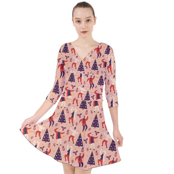 Funny Christmas Pattern Quarter Sleeve Front Wrap Dress