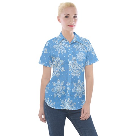 Hand Drawn Snowflakes Seamless Pattern Women s Short Sleeve Pocket Shirt by Vaneshart