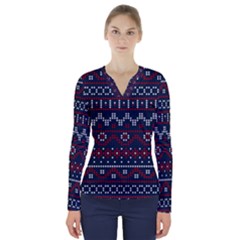 Christmas Concept With Knitted Pattern V-neck Long Sleeve Top by Vaneshart