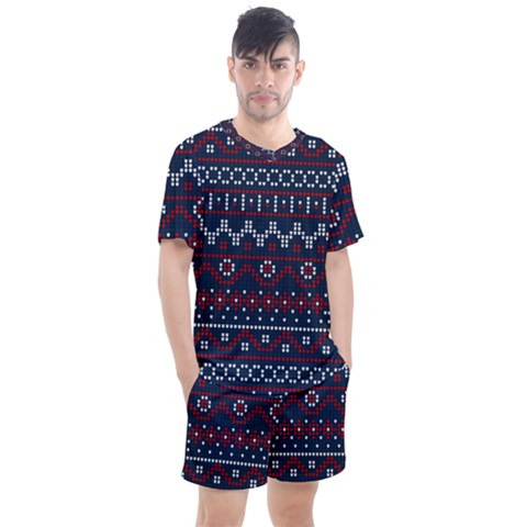 Christmas Concept With Knitted Pattern Men s Mesh Tee And Shorts Set by Vaneshart