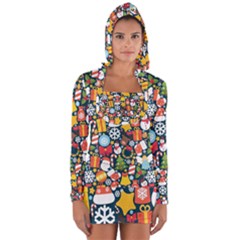 Colorful Pattern With Decorative Christmas Elements Long Sleeve Hooded T-shirt by Vaneshart