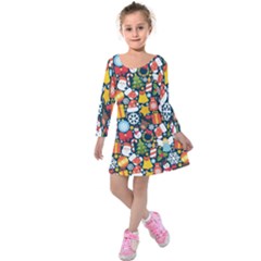 Colorful Pattern With Decorative Christmas Elements Kids  Long Sleeve Velvet Dress