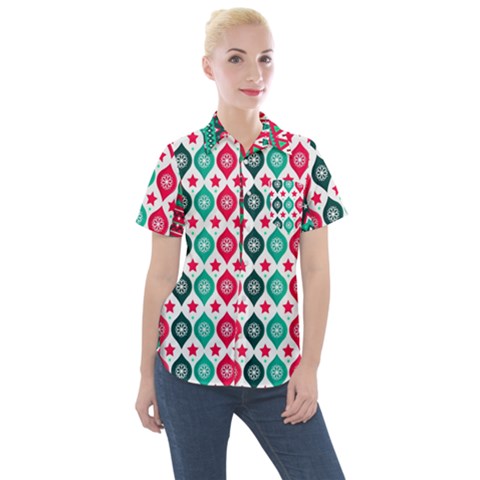 Flat Design Christmas Pattern Collection Women s Short Sleeve Pocket Shirt by Vaneshart