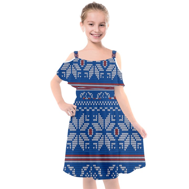 Beautiful Knitted Christmas Pattern Kids  Cut Out Shoulders Chiffon Dress