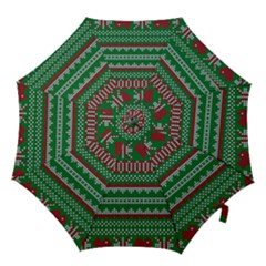 Knitted Christmas Pattern Green Red Hook Handle Umbrellas (small) by Vaneshart