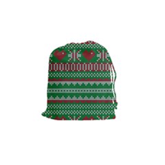 Knitted Christmas Pattern Green Red Drawstring Pouch (small) by Vaneshart