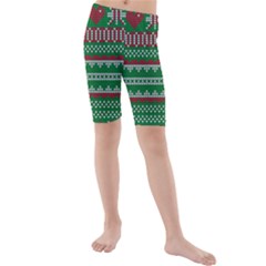 Knitted Christmas Pattern Green Red Kids  Mid Length Swim Shorts by Vaneshart