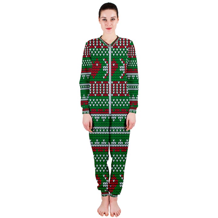 Knitted Christmas Pattern Green Red OnePiece Jumpsuit (Ladies) 