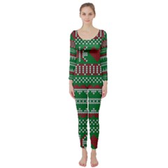 Knitted Christmas Pattern Green Red Long Sleeve Catsuit