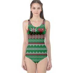 Knitted Christmas Pattern Green Red One Piece Swimsuit by Vaneshart