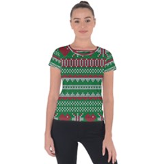 Knitted Christmas Pattern Green Red Short Sleeve Sports Top 