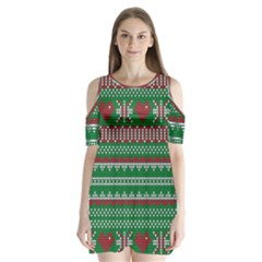 Knitted Christmas Pattern Green Red Shoulder Cutout Velvet One Piece