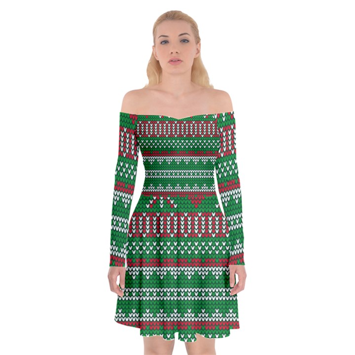 Knitted Christmas Pattern Green Red Off Shoulder Skater Dress