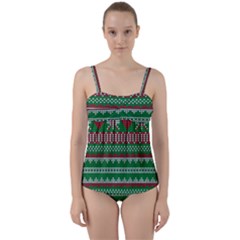 Knitted Christmas Pattern Green Red Twist Front Tankini Set