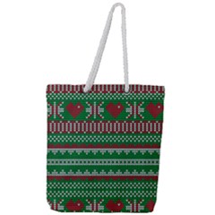 Knitted Christmas Pattern Green Red Full Print Rope Handle Tote (large) by Vaneshart