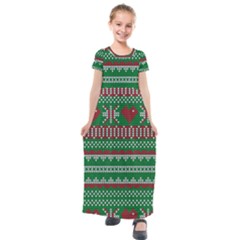 Knitted Christmas Pattern Green Red Kids  Short Sleeve Maxi Dress