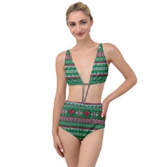 Knitted Christmas Pattern Green Red Tied Up Two Piece Swimsuit by Vaneshart