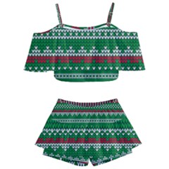 Knitted Christmas Pattern Green Red Kids  Off Shoulder Skirt Bikini