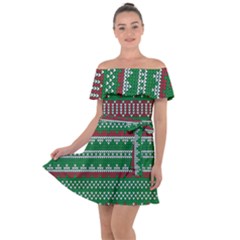 Knitted Christmas Pattern Green Red Off Shoulder Velour Dress by Vaneshart