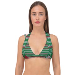 Knitted Christmas Pattern Green Red Double Strap Halter Bikini Top