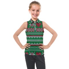 Knitted Christmas Pattern Green Red Kids  Sleeveless Polo Tee