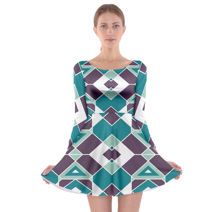 Teal and Plum Geometric Pattern Long Sleeve Skater Dress