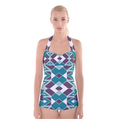 Teal And Plum Geometric Pattern Boyleg Halter Swimsuit  by mccallacoulture