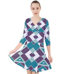 Teal And Plum Geometric Pattern Quarter Sleeve Front Wrap Dress by mccallacoulture