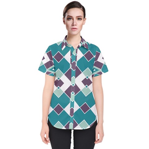 Teal And Plum Geometric Pattern Women s Short Sleeve Shirt by mccallacoulture