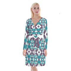 Teal And Plum Geometric Pattern Long Sleeve Velvet Front Wrap Dress by mccallacoulture