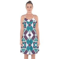 Teal And Plum Geometric Pattern Ruffle Detail Chiffon Dress