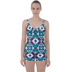 Teal And Plum Geometric Pattern Tie Front Two Piece Tankini by mccallacoulture