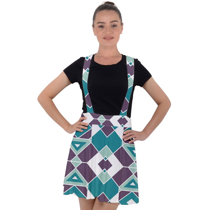 Teal and Plum Geometric Pattern Velvet Suspender Skater Skirt