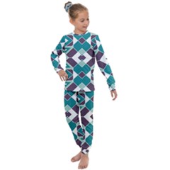 Teal And Plum Geometric Pattern Kids  Long Sleeve Set 