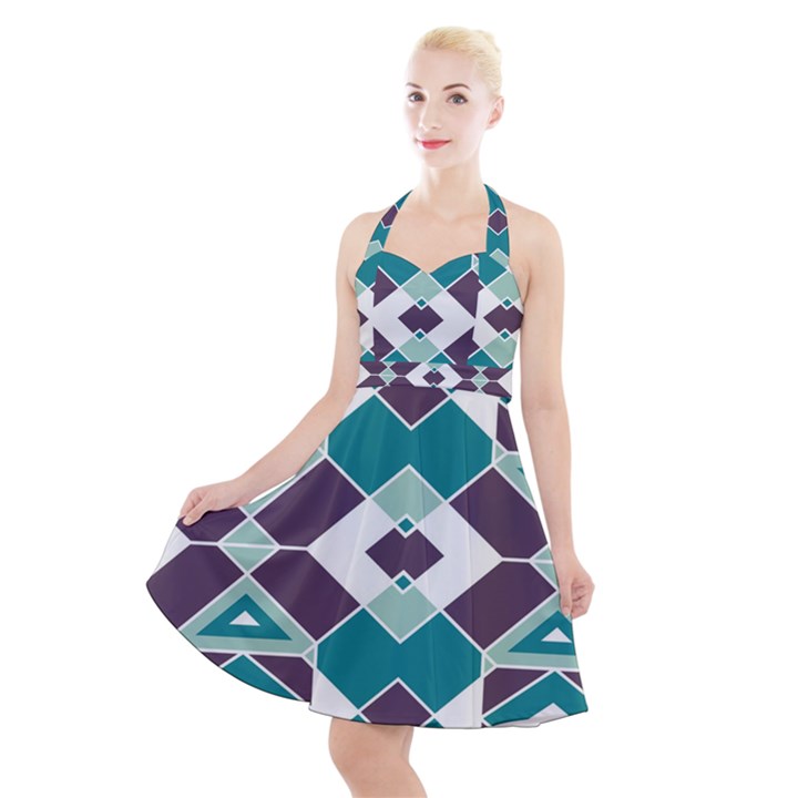 Teal and Plum Geometric Pattern Halter Party Swing Dress 