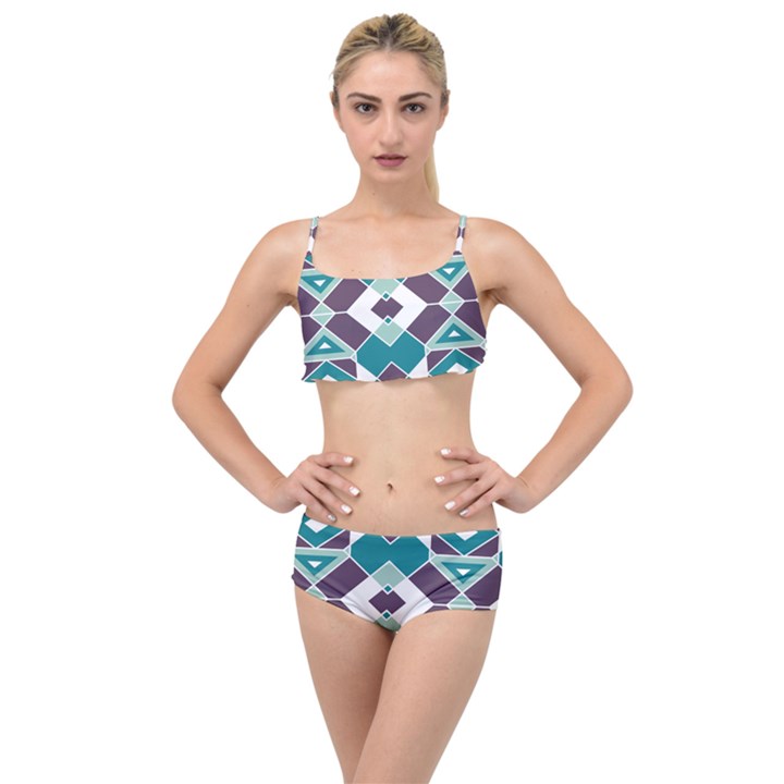 Teal and Plum Geometric Pattern Layered Top Bikini Set