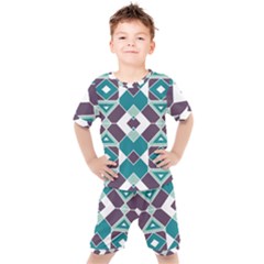 Teal And Plum Geometric Pattern Kids  Tee And Shorts Set by mccallacoulture