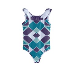 Teal And Plum Geometric Pattern Kids  Frill Swimsuit by mccallacoulture