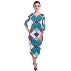 Teal And Plum Geometric Pattern Quarter Sleeve Midi Velour Bodycon Dress by mccallacoulture