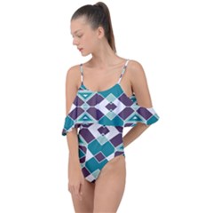 Teal And Plum Geometric Pattern Drape Piece Swimsuit