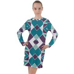 Teal And Plum Geometric Pattern Long Sleeve Hoodie Dress