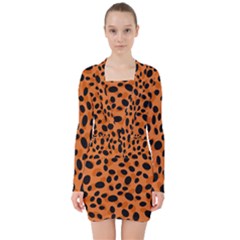 Orange Cheetah Animal Print V-neck Bodycon Long Sleeve Dress by mccallacoulture