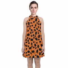 Orange Cheetah Animal Print Velvet Halter Neckline Dress 