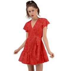 Modern Red And White Confetti Pattern Flutter Sleeve Wrap Dress