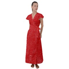 Modern Red And White Confetti Pattern Flutter Sleeve Maxi Dress