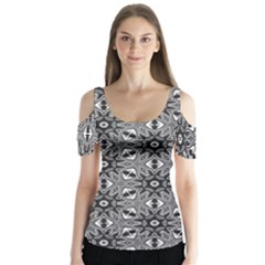 Black And White Pattern Butterfly Sleeve Cutout Tee 