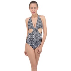 Black And White Pattern Halter Front Plunge Swimsuit