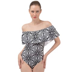 Black And White Pattern Off Shoulder Velour Bodysuit  by HermanTelo