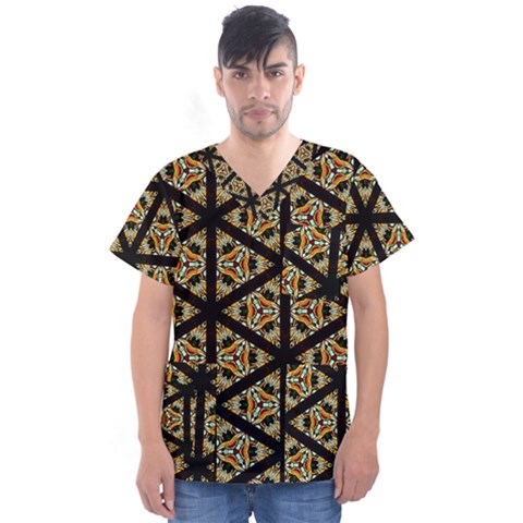 Pattern Stained Glass Triangles Men s V-neck Scrub Top by HermanTelo